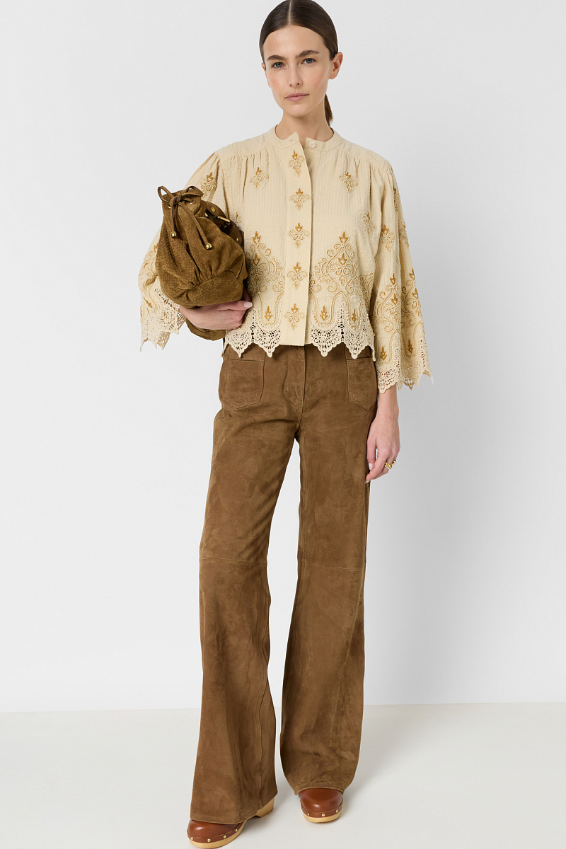 CLIANA - Бежевая рубашка с вышивкой и кружевом