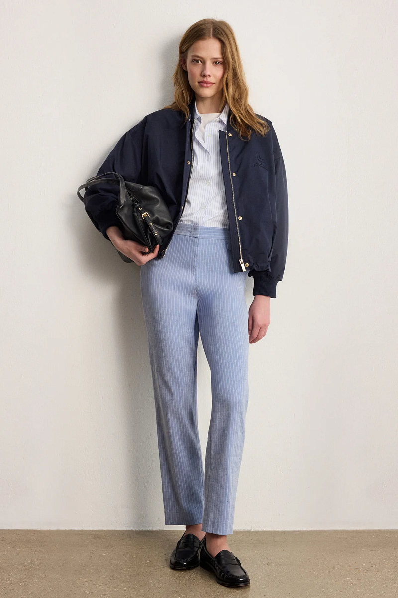 BIBA - Голубые брюки в полоску из смесового льна зауженного силуэта