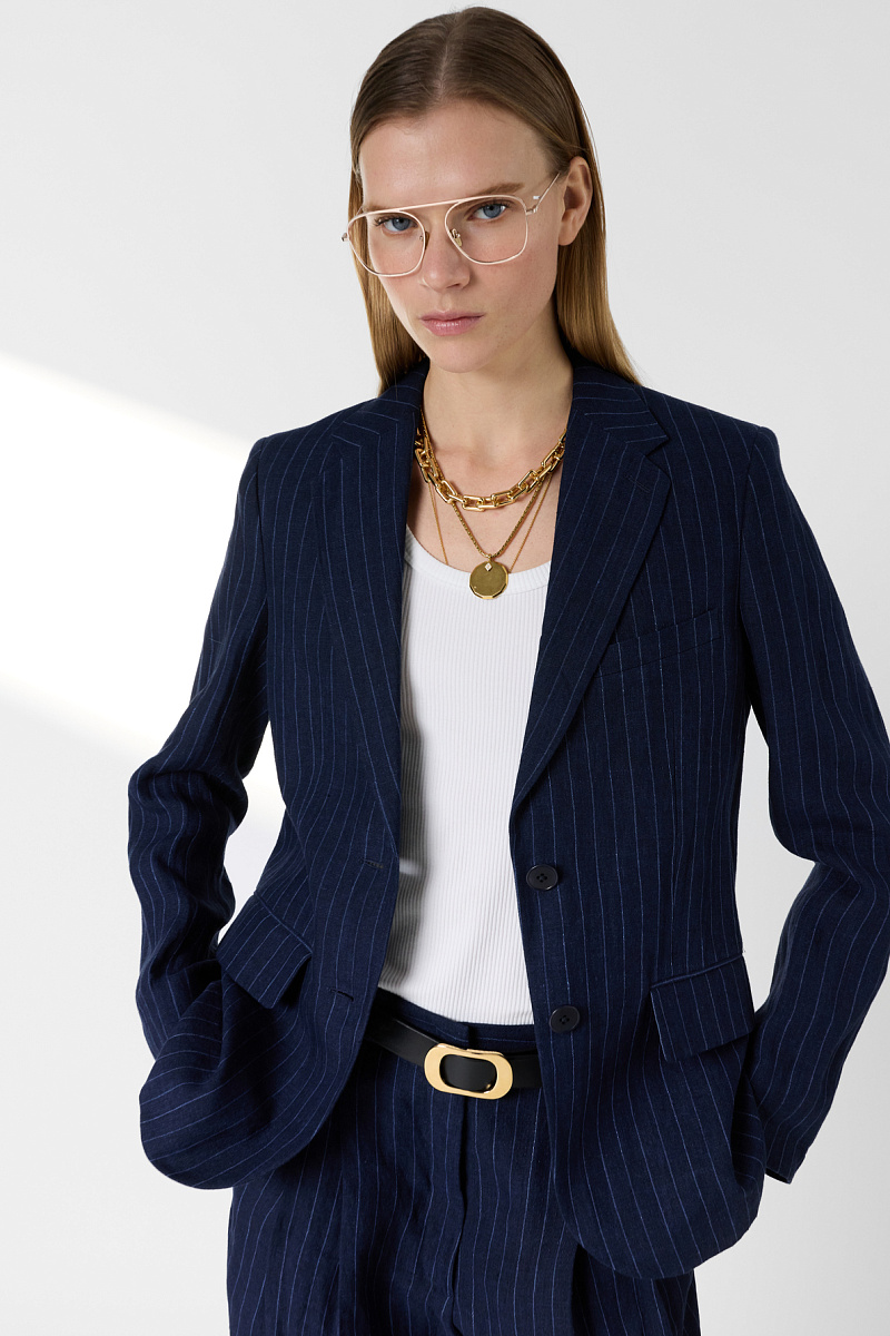 TAZIA - Темно-синий жакет из льна в тонкую вертикальную полоску