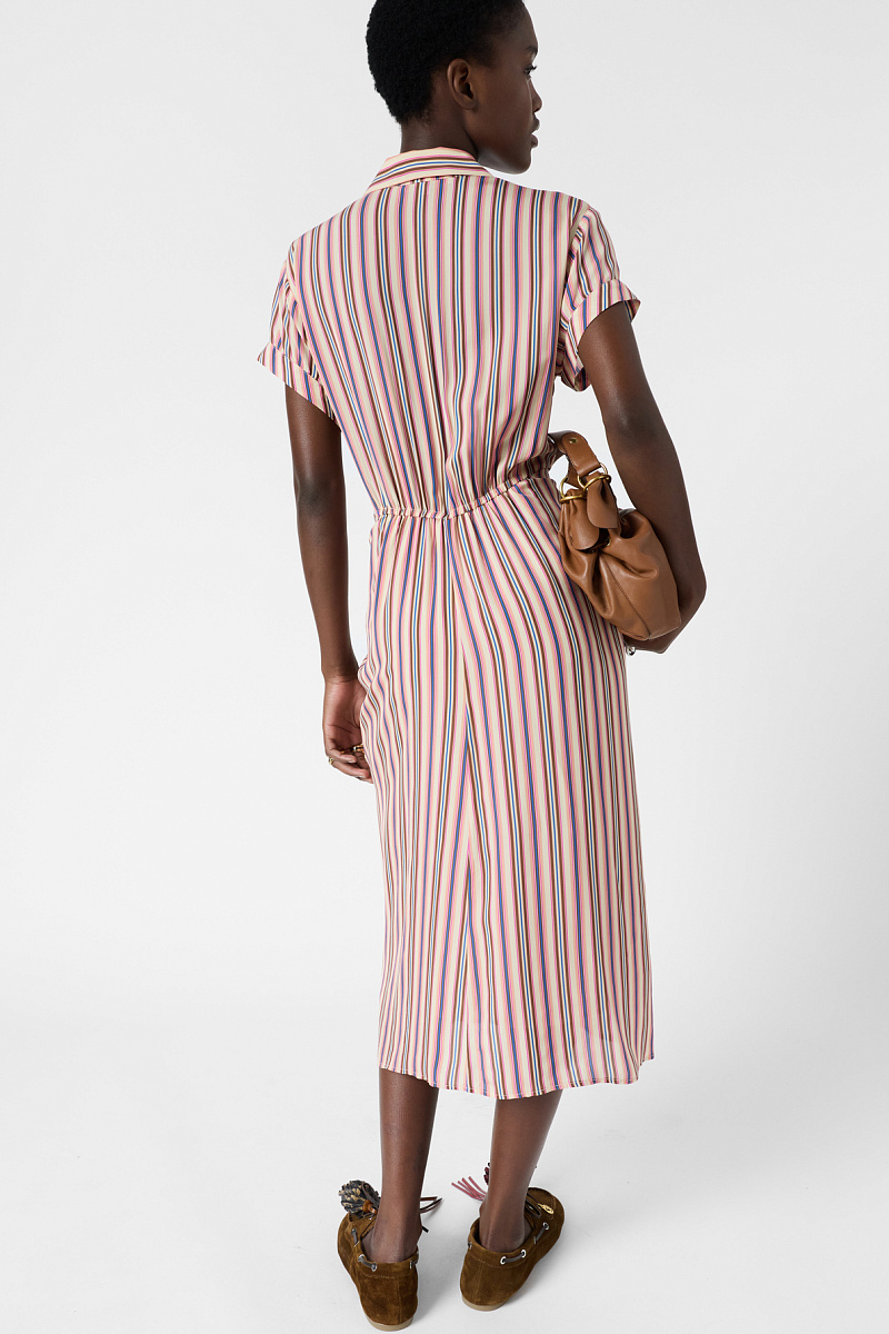RAENA - Розовое платье-рубашка в полоску приталенного силуэта