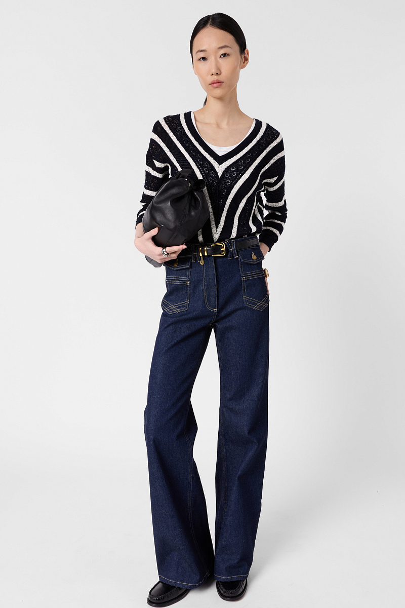 LORETTA - Черный кружевной свитер с контрастными полосами