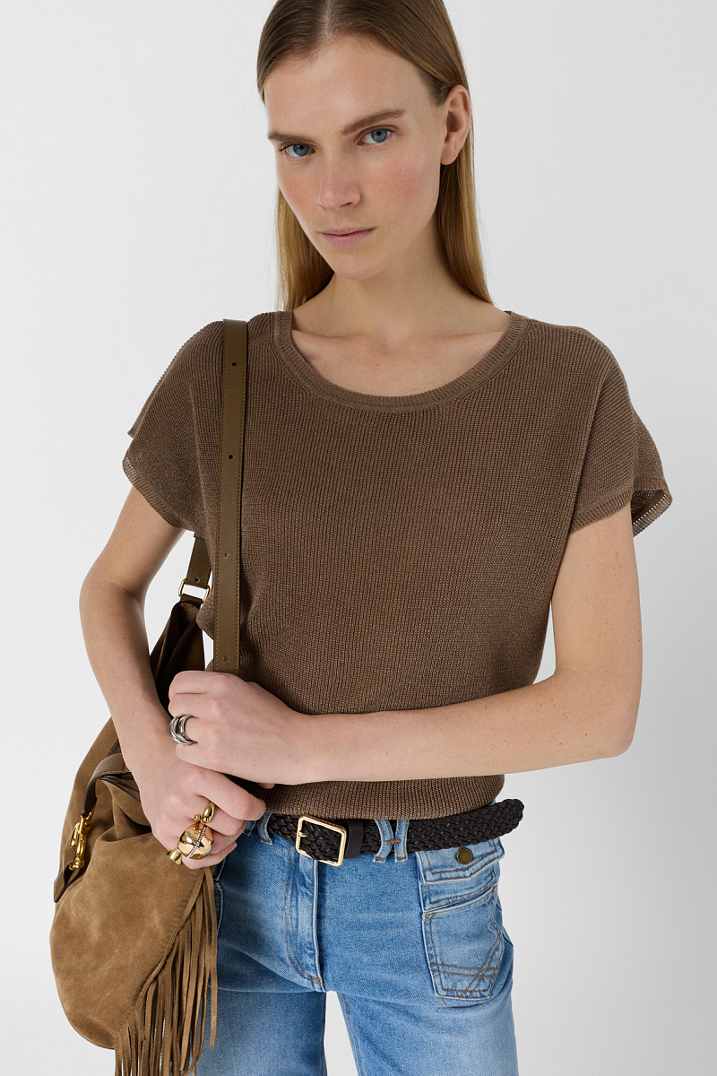 LIXIA - Коричневый джемпер с коротким рукавом  из трикотажа