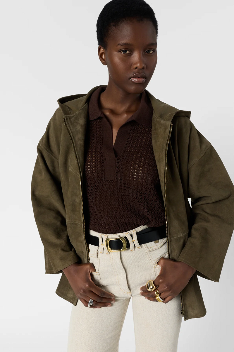 TASSYA - Укороченное замшевое пальто с капюшоном в цвете хаки