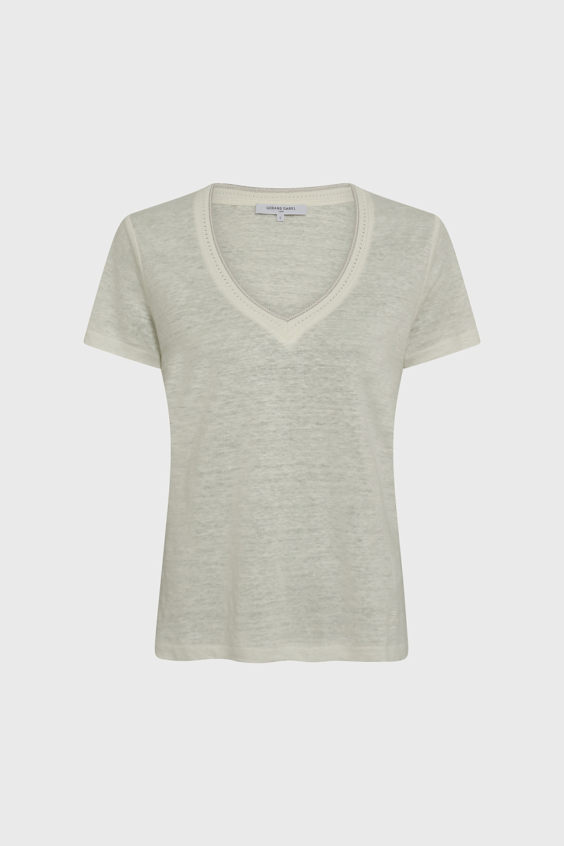 MIRANA - Белая льняная футболка с V-образным вырезом и люрексом