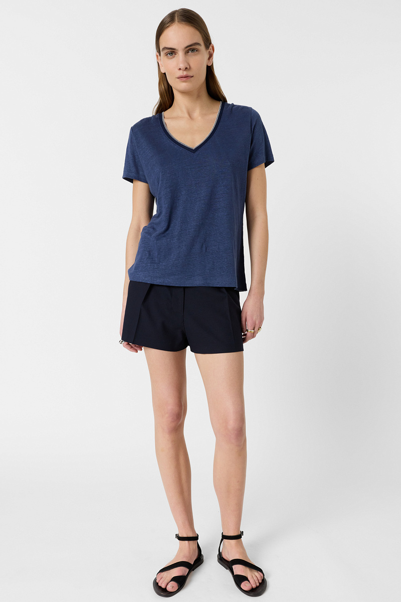 MIRANA - Синяя льняная футболка с V-образным вырезом